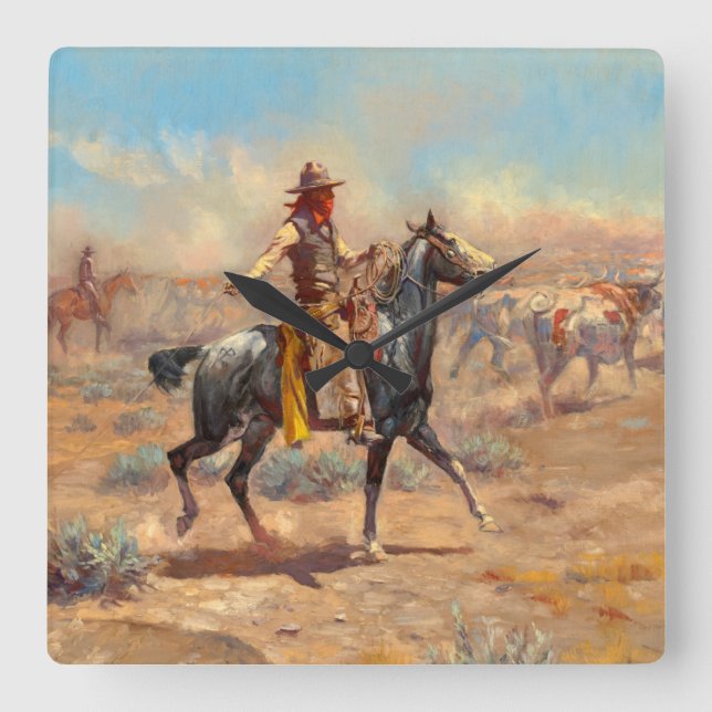 Durch die Alkali, 1904 von Charles Marion Russell Quadratische Wanduhr (Vorderseite)