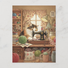 Durch Katzen und Nähen leicht ablenkbar - Katze Nä Postkarte