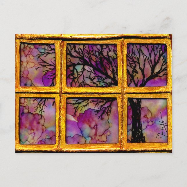 Durch mein Fenster - Tree in rosa Hintergrund Postkarte (Vorderseite)
