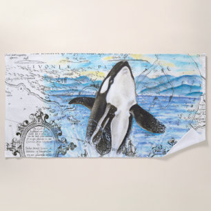 Durchbrechender Orca-Wal-Antike Karte Strandtuch