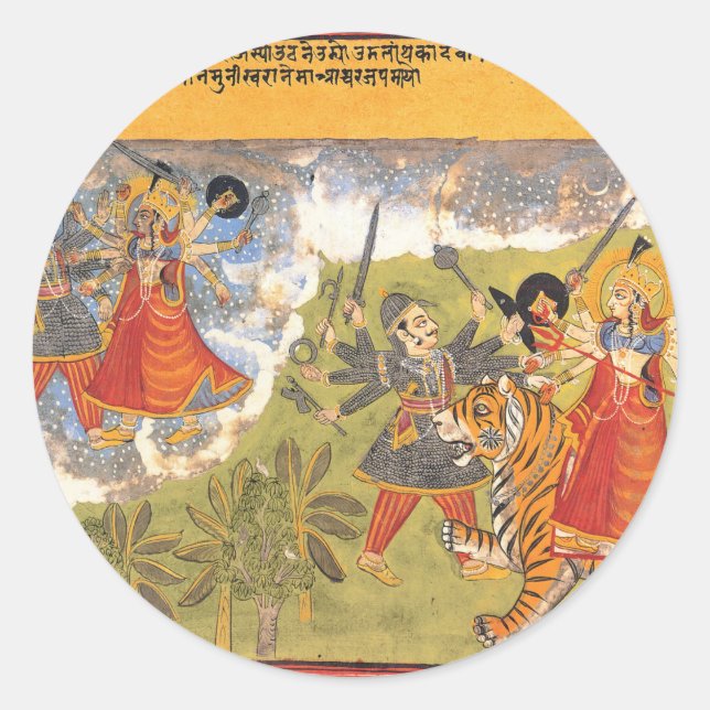 Durga kämpft gegen die Daitya Raja Runder Aufkleber (Vorderseite)