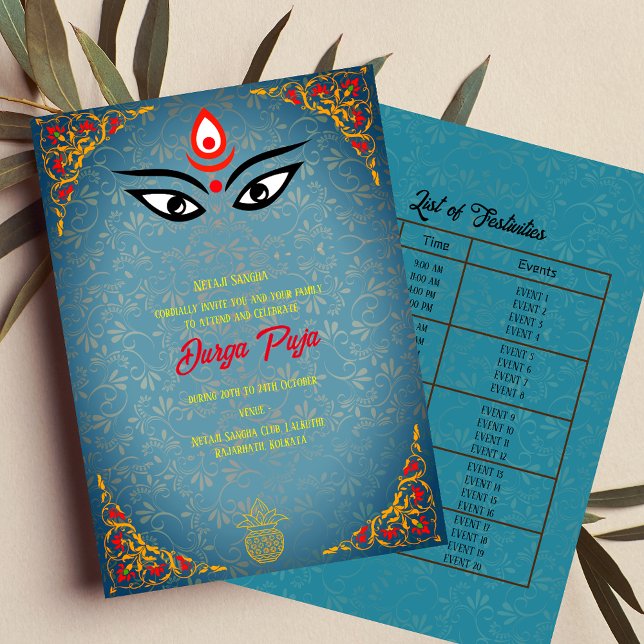 Durga Puja Navratri Bengali Aquamarin Golden Event Einladung (Von Creator hochgeladen)