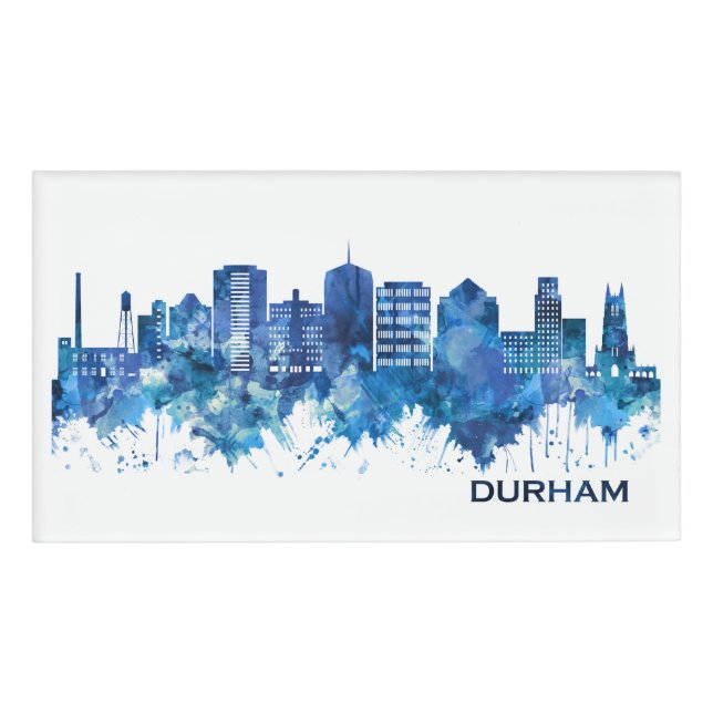 Durham North Carolina Skyline Blue Namenschild (Vorderseite)