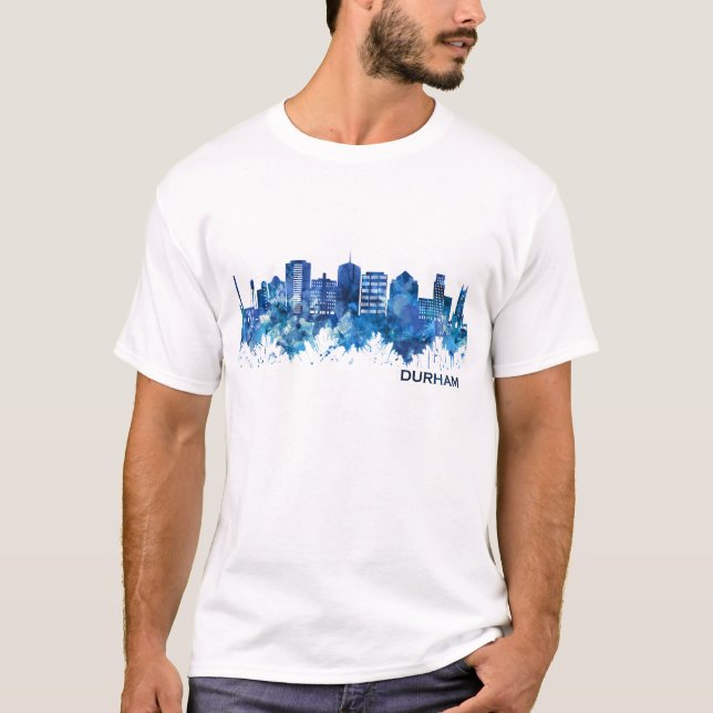 Durham North Carolina Skyline Blue T-Shirt (Vorderseite)