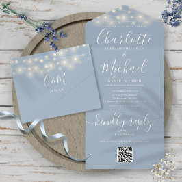 Dury Blue String Lights QR Code Monogram Wedding All In One Einladung