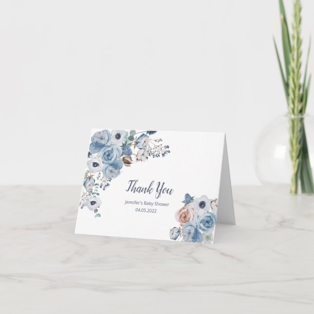 Dusche aus blauem Floral-Baby Dankeskarte (Vorderseite)