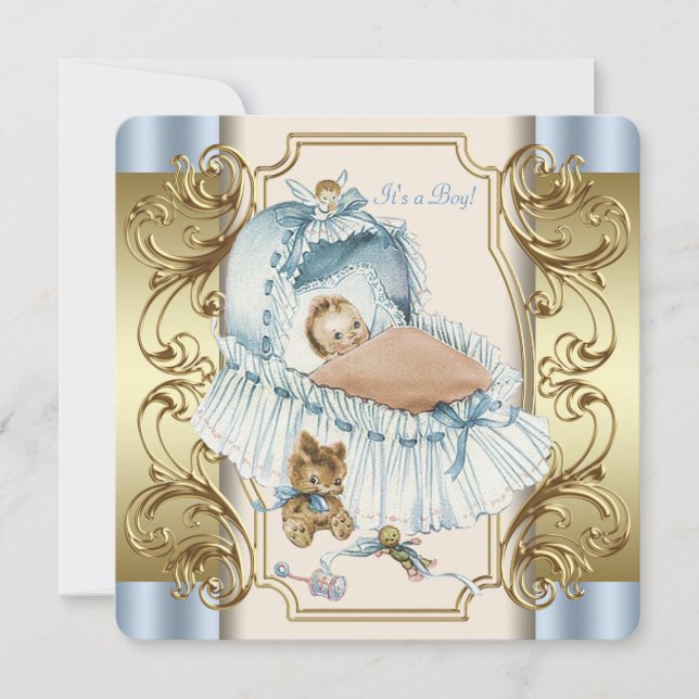 Dusche für Beige und Blue Baby Boy Einladung (Vorderseite)