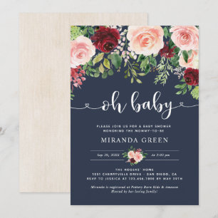 Dusche für Navy und Blush Burgundy Floral Baby Sho Einladung