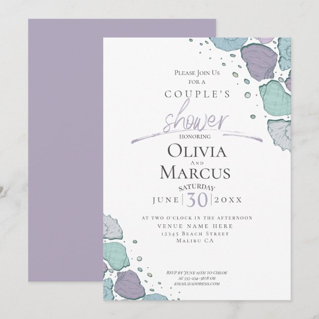 Dusche für Paar | Beach Seashells Lilac Dusty Blue Einladung (Vorne/Hinten)