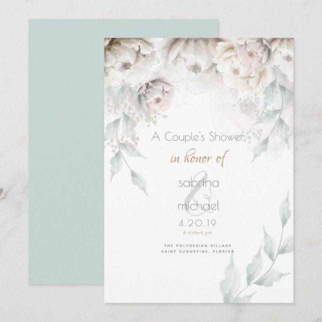 Dusche für Paar | Elegant Alabaster White Peonies Einladung (Vorne/Hinten)