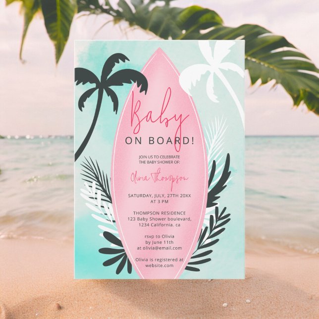 Dusche für tropische Strandsurfbretter mit Palmen Einladung (Tropical beach surfboard palm tree Baby Shower Invitation)