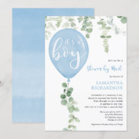 Dusche mit blauem Luftballon Eukalyptus Babydusche