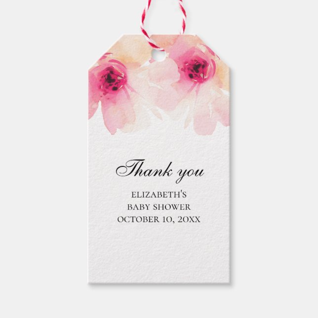 Dusche mit Blütenbaby. Danke. Pinke Blumen Geschenkanhänger (Vorderseite)
