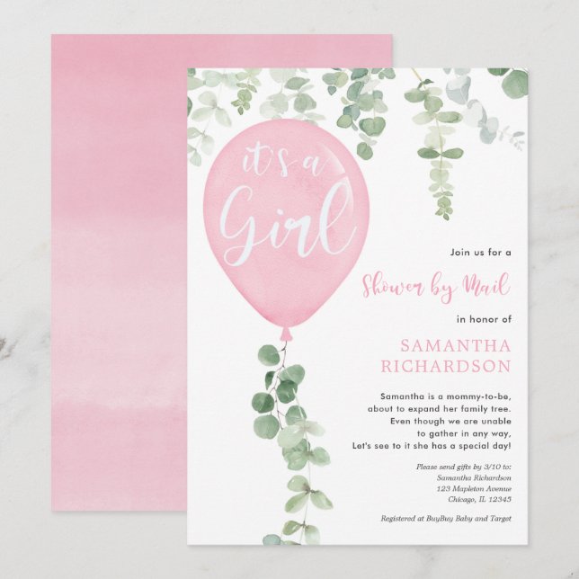 Dusche mit der Post rosa Ballon Eucalyptus Babydus Einladung (Vorne/Hinten)