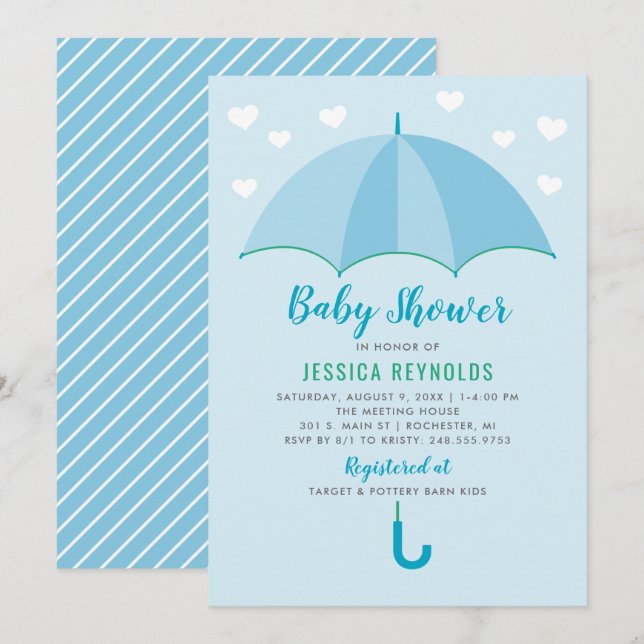 Dusche mit Liebe Blue Umbrella Boy Baby Dusche Einladung (Vorne/Hinten)
