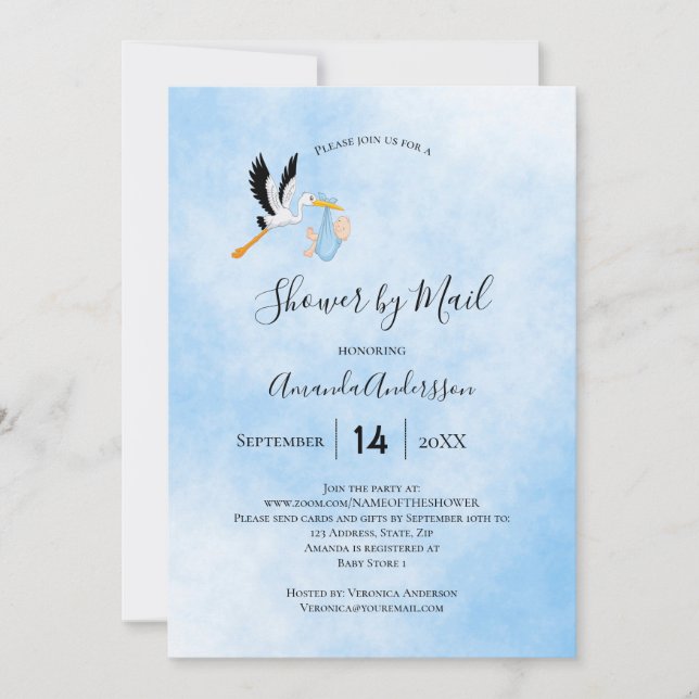 Dusche per Mail Stork Baby Boy Blau Himmel niedlic Einladung (Vorderseite)