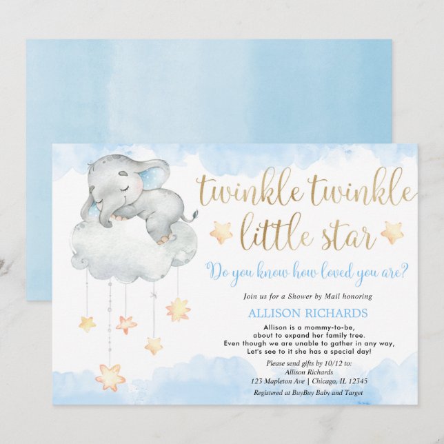 Dusche per Mail Twinkle winzige kleine Sterne blau Einladung (Vorne/Hinten)