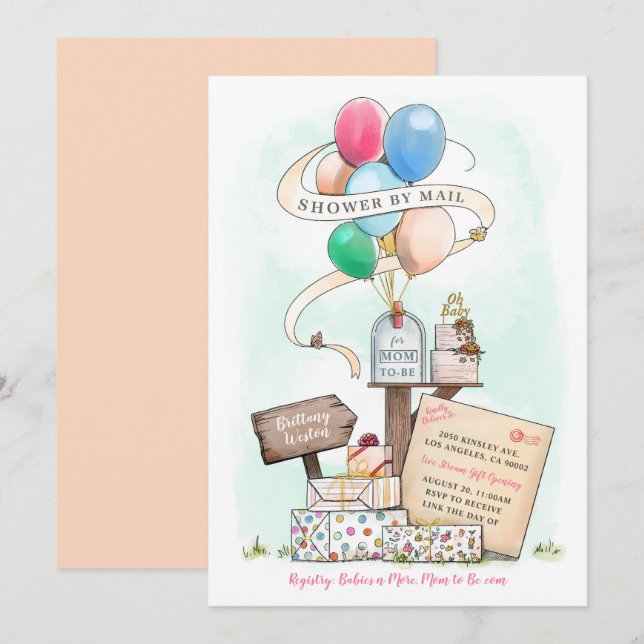Dusche per Mail Virtual Baby Shower Ballon Mailbox Einladung (Vorne/Hinten)