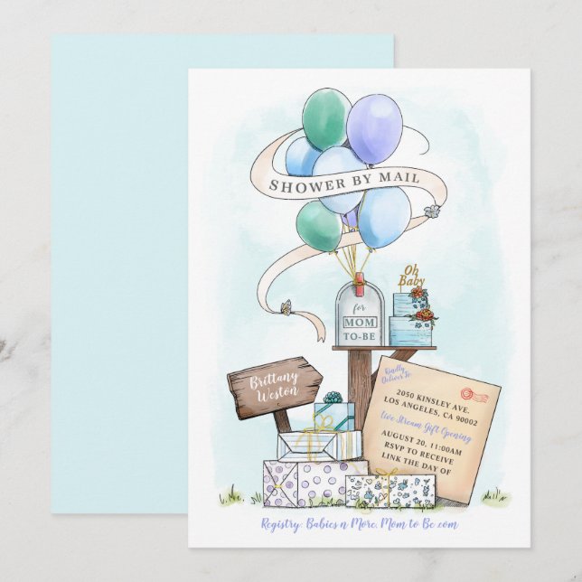 Dusche per Mail Virtual Baby Shower Ballon Mailbox Einladung (Vorne/Hinten)
