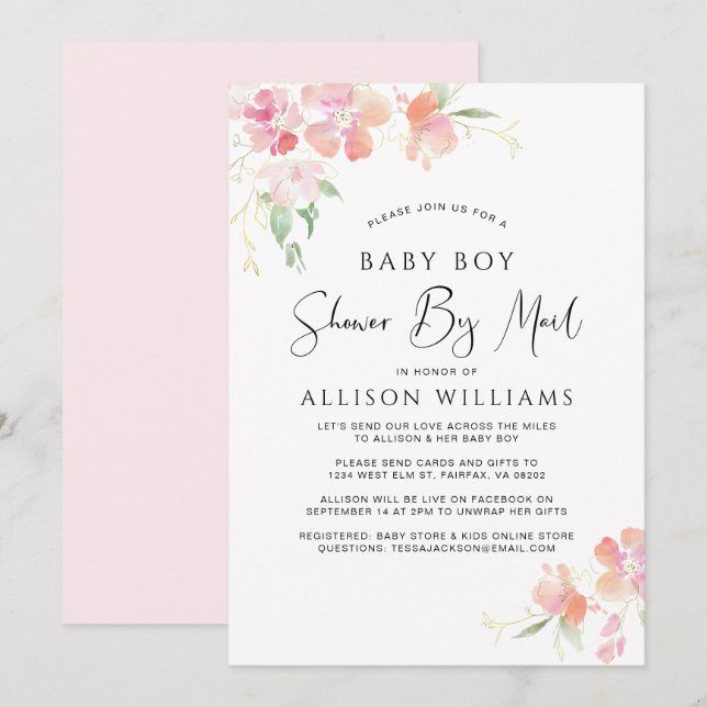Dusche per Post Floral Pink Wasserfarbe Baby Boy Einladung (Vorne/Hinten)