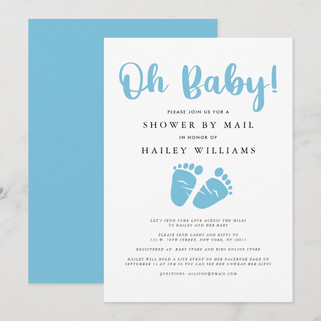 Dusche per Post | Oh Baby Boy Blue Baby Feet Einladung (Vorne/Hinten)