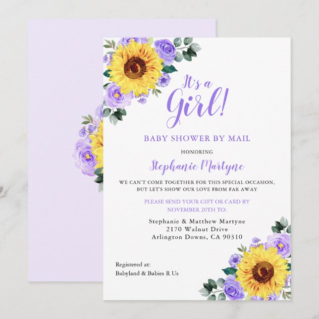 Dusche per Post seine Girl-Sonnenblume Lila Blume Einladung (Vorne/Hinten)