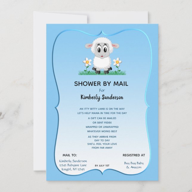 Dusche von Mail Baby Boy Blue Niedlich Lamb Einladung (Vorderseite)