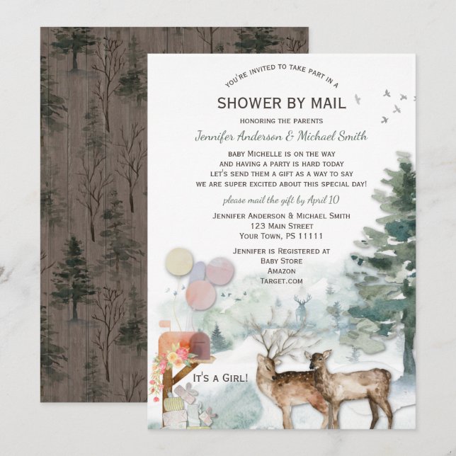 Dusche von Mail Forest Woodland Girl Baby Einladung (Vorne/Hinten)