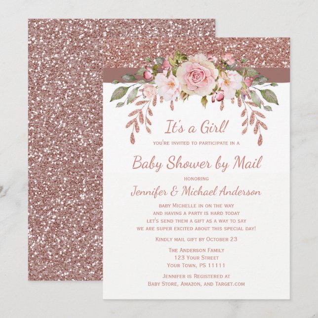 Dusche von Mail Pink Rose Gold Glitzer Girl Baby Einladung (Vorne/Hinten)
