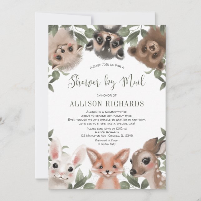 Dusche von Mail Woodland Tiere geschlechtsneutral Einladung (Vorderseite)