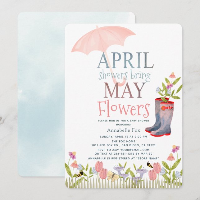 Duschen April bringen Mai Blume Baby Dusche Invita Einladung (Vorne/Hinten)