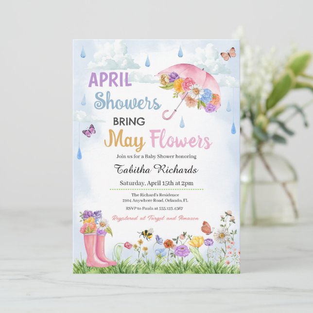 Duschen im April bringen im Mai Blume Frühjahrsdus Einladung (Stehend Vorderseite)