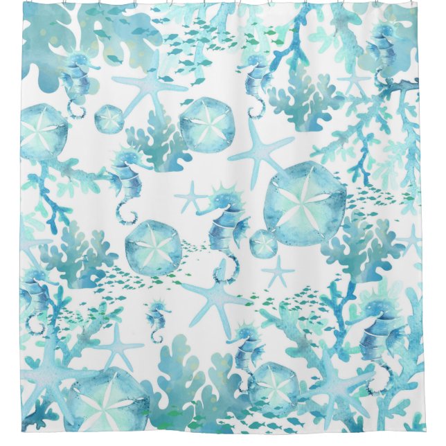 Duschvorhang Aquamarin Blue Seepferd Sanddollar Mu (Vorderseite)
