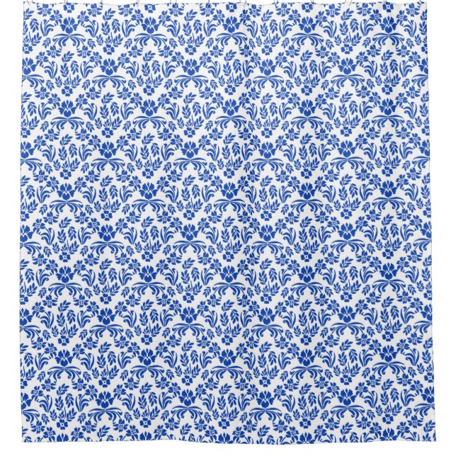 Duschvorhang aus blau-weiß-blühenden Damast (Vorderseite)