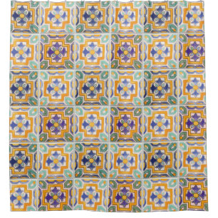 Duschvorhang aus orange-grün-blauem Tile