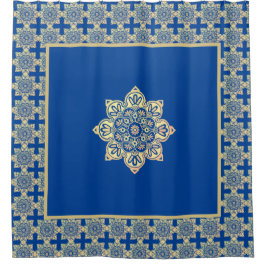 Duschvorhang blau und goldene Medaille