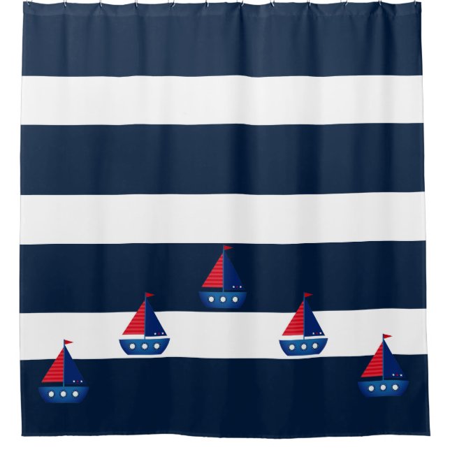 Duschvorhang - Blaue Streifen Segelboot (Vorderseite)