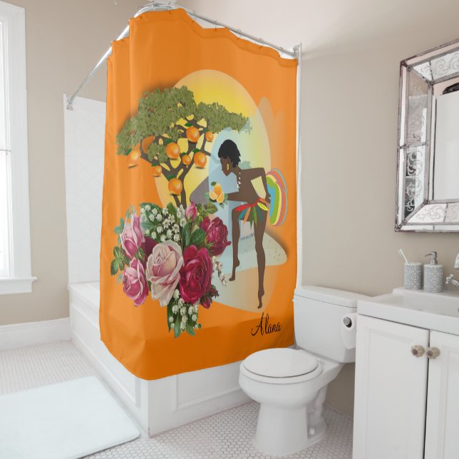 Duschvorhang Blumen Orange afrikanische Frau (Beispiel)