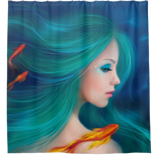Duschvorhang Fantasy Meerjungfrau mit roten Fische (Vorderseite)