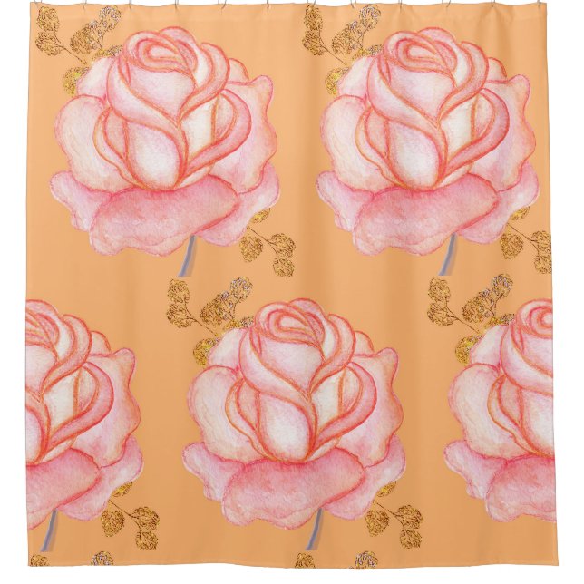 Duschvorhang große rosa Rosen Imitate Gold Blätter (Vorderseite)