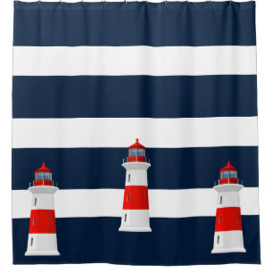 Duschvorhang - Leuchtturm mit blauen Streifen