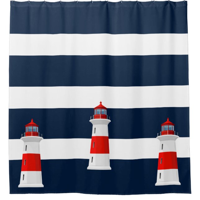 Duschvorhang - Leuchtturm mit blauen Streifen (Vorderseite)