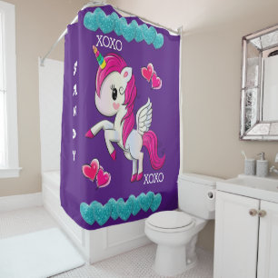 Duschvorhang Lila Unicorn Blue Hearts xoxo
