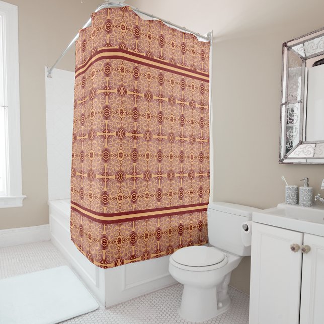 Duschvorhang Mauve und Pfirsichstamm (Shower curtain with peach and maroon tile pattern.)