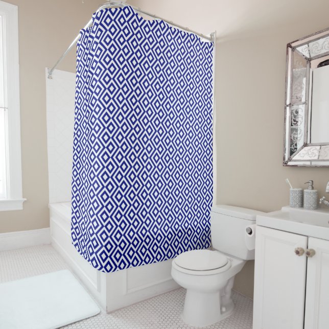 Duschvorhang mit geometrischem Blau und weißem Mäa (Beispiel)
