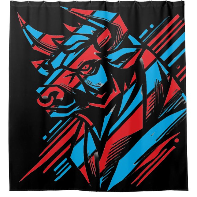 Duschvorhang mit rotem und blauem Bull (Vorderseite)