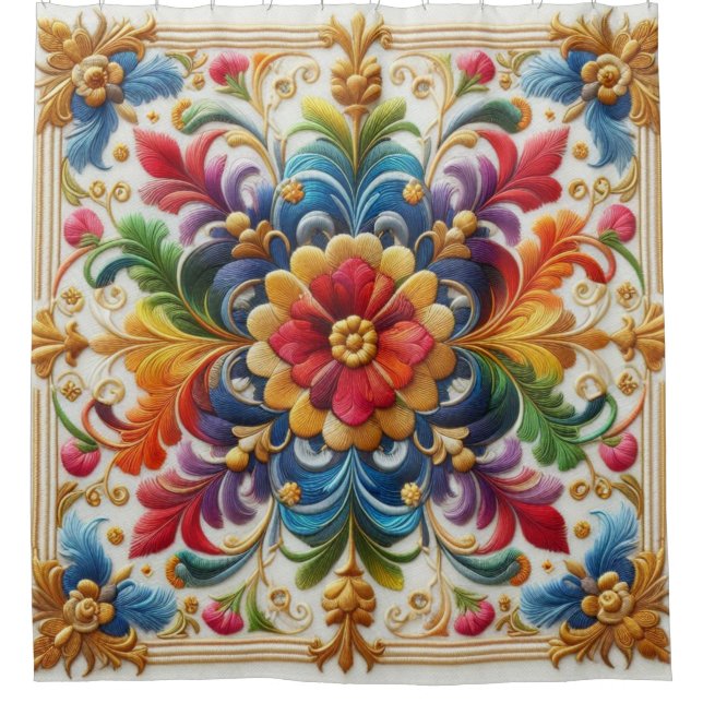 Duschvorhang Regenbogen Blume Stickereien (Vorderseite)
