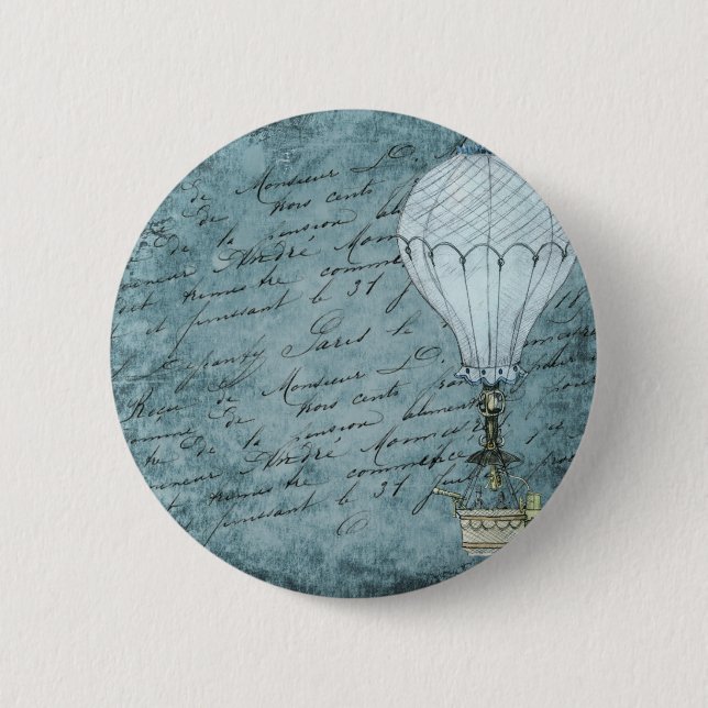 Dusk Blue Hot Air Ballon Steampunk Handwriting Button (Vorderseite)
