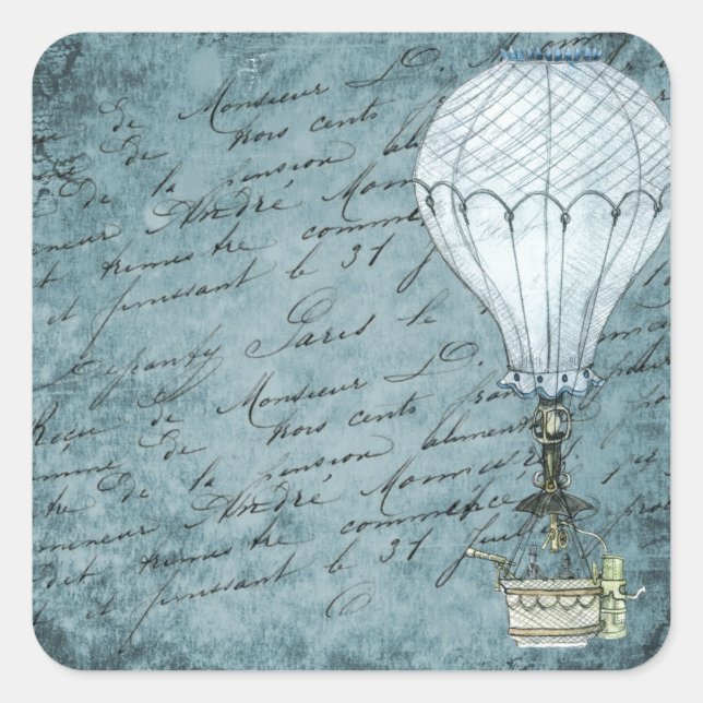Dusk Blue Hot Air Ballon Steampunk Handwriting Quadratischer Aufkleber (Vorderseite)