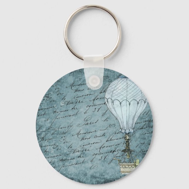 Dusk Blue Hot Air Ballon Steampunk Handwriting Schlüsselanhänger (Vorderseite)